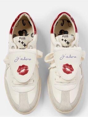 Plus Duke Kiss Sneakers Women’s Cream Sneakers with Red Heel and Lip Detail